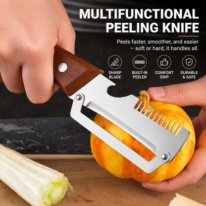 3-in-1 Vegetable Peeler — Peel, Shred & Open Bottles | Stainless Steel with Wood Handle