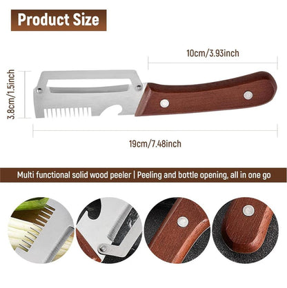 3-in-1 Vegetable Peeler — Peel, Shred & Open Bottles | Stainless Steel with Wood Handle